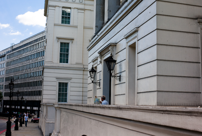 Painter, Hyde Park Corner, London. He is on the North West conter, painting Wellington Arch, oppo...